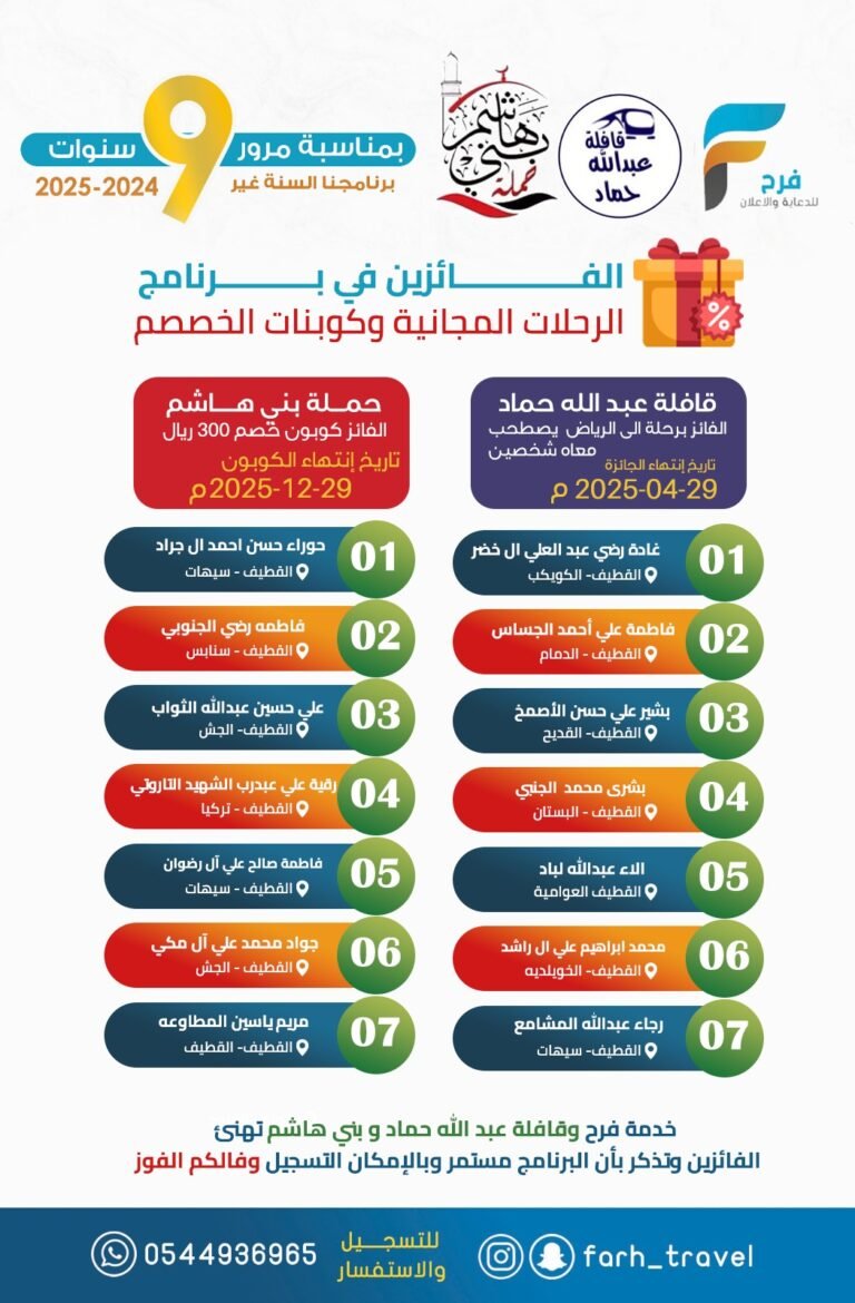 14 فائز في برنامج الرحلات المجانية وكوبونات الخصم بمناسبة مرور سـ9ـنوات على خدمة فرح / هذا البرنامج برعاية قافلة عبدالله حماد وحملة بني هاشم