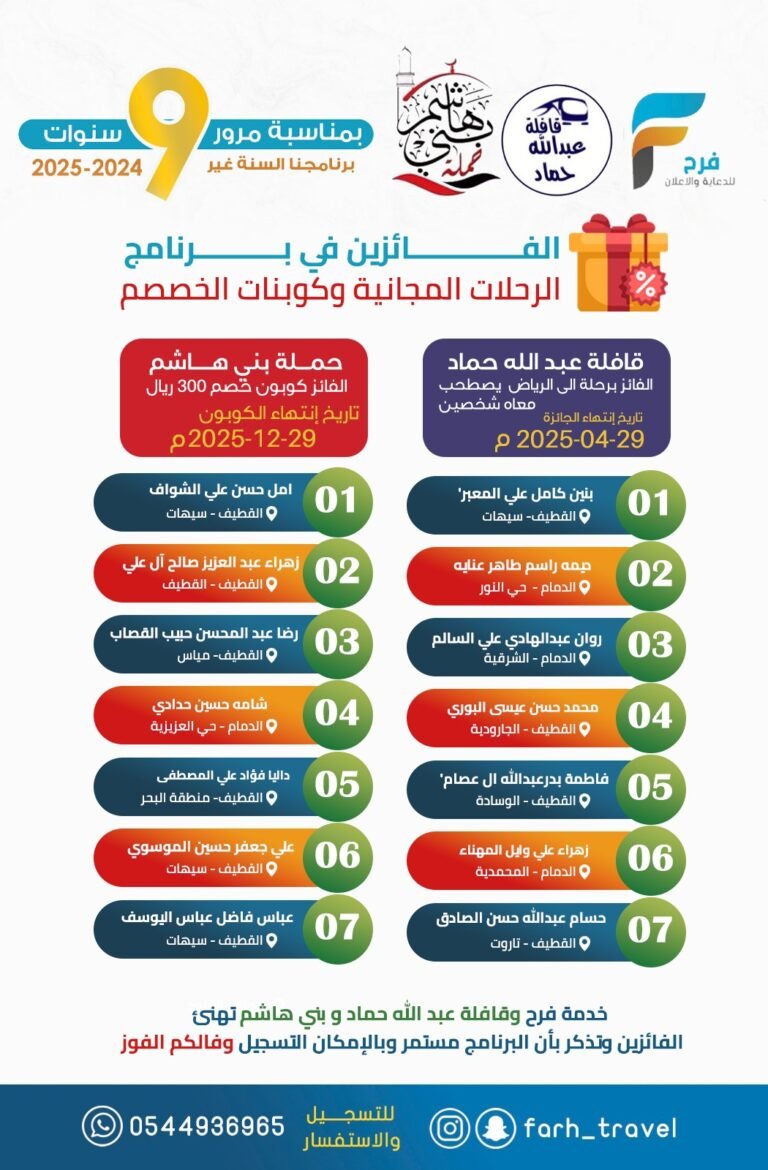 14 فائز في برنامج الرحلات المجانية وكوبونات الخصم بمناسبة مرور سـ9ـنوات على خدمة فرح / هذا البرنامج برعاية قافلة عبدالله حماد وحملة بني هاشم