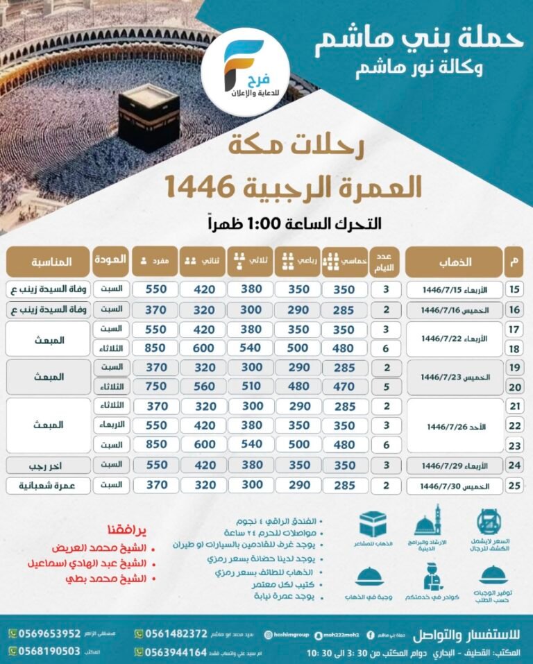 285 ريال تبدأ رحلات حملة بني هاشم / العمرة الرجبية