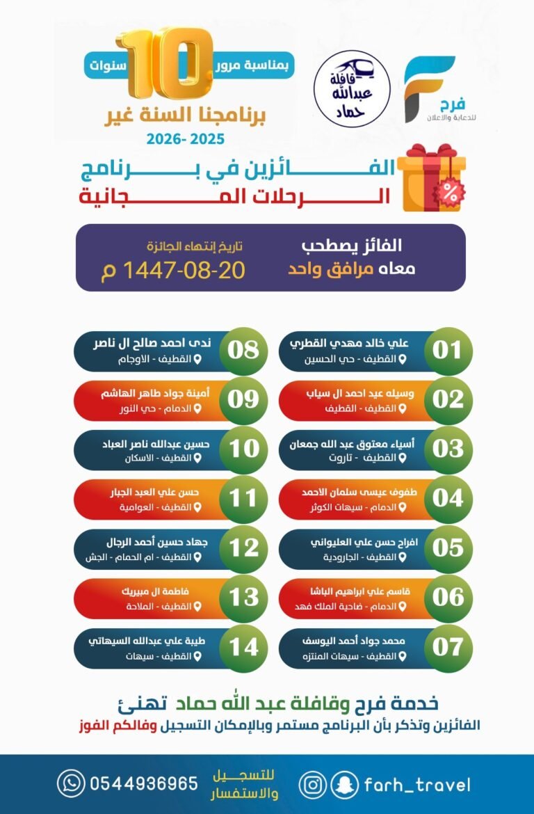 14 فائز في برنامج الرحلات المجانية بمناسبة مرور سـ10ـنوات على خدمة فرح وقافلة عبدالله حماد