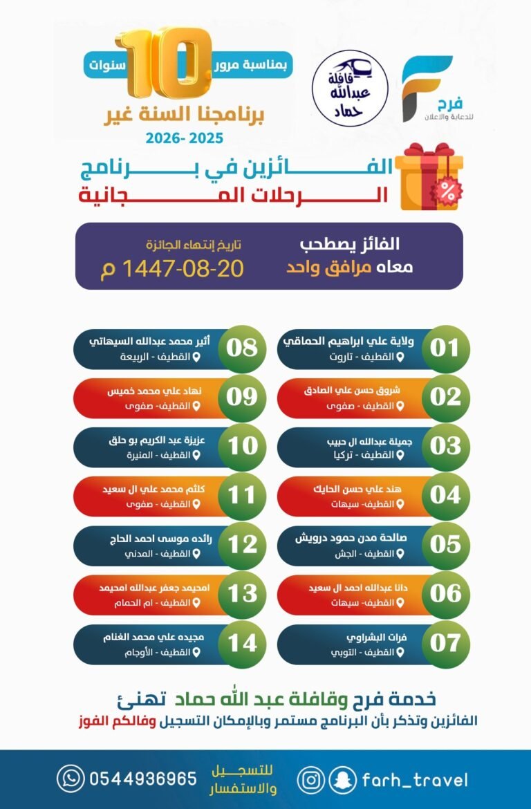 14 فائز في برنامج الرحلات المجانية بمناسبة مرور سـ10ـنوات على خدمة فرح وقافلة عبدالله حماد